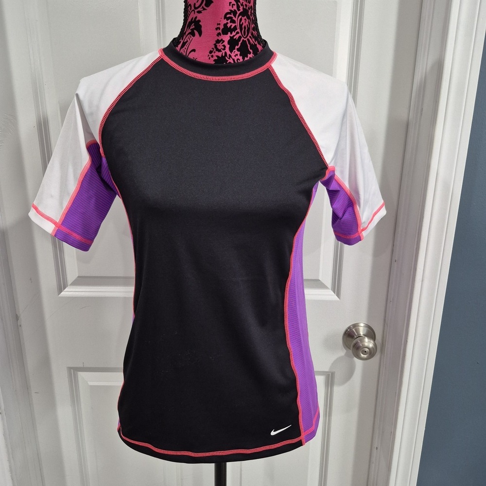 Nike Swim Shirt Womens Medium Black Rashguard Short Sleeve Top Surf Beach
